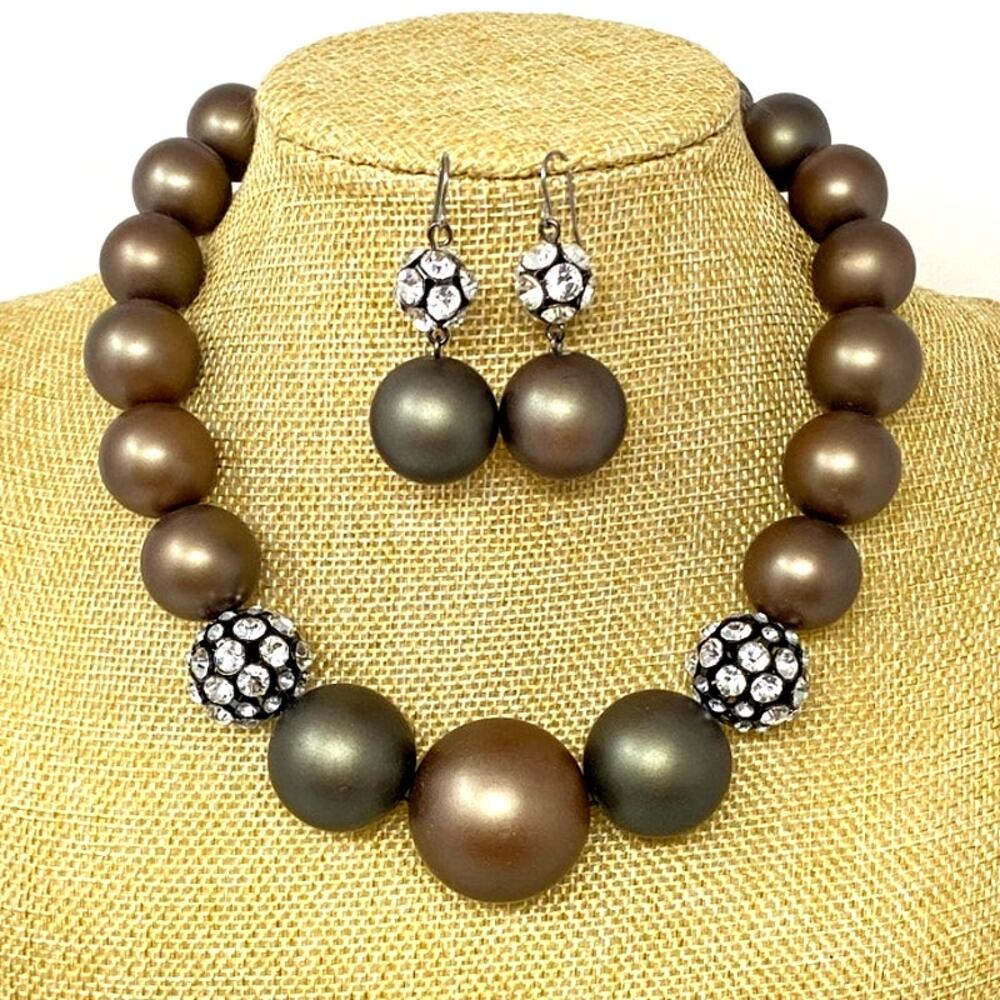 Dana Buchman Choker Necklace Earring Set Taupe Pearl Rhinestone Ball Jewelry